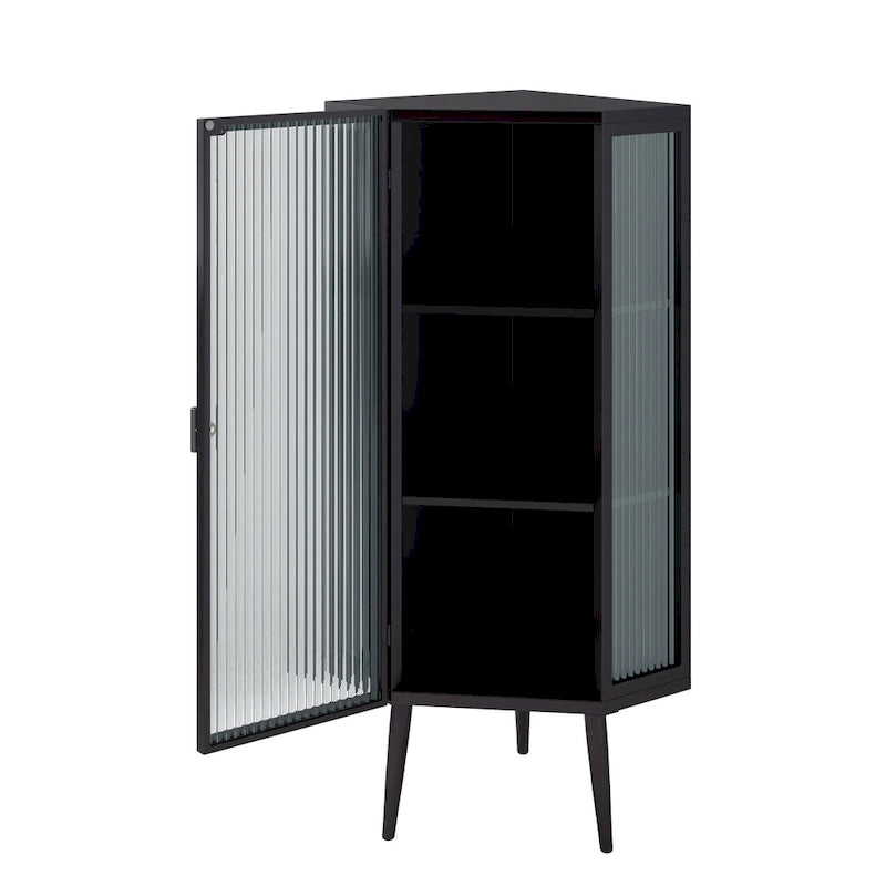 Meuble d'angle au sol, 3 niveaux avec portes en verre trempé et étagères de rangement