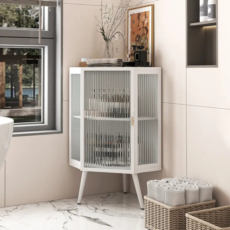 Meuble d'angle au sol, 3 niveaux avec portes en verre trempé et étagères de rangement