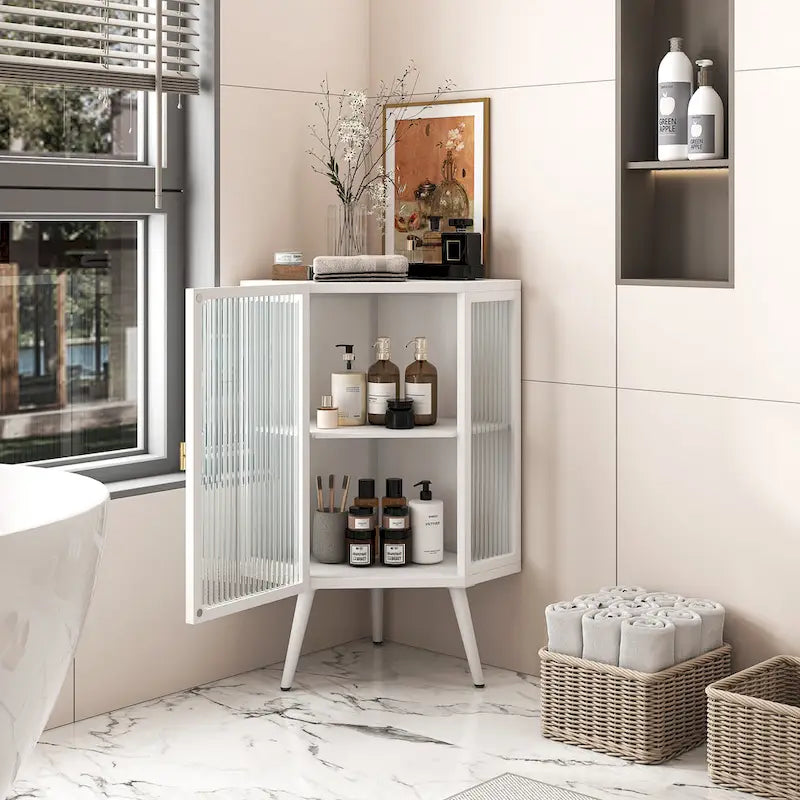 Meuble d'angle au sol, 3 niveaux avec portes en verre trempé et étagères de rangement