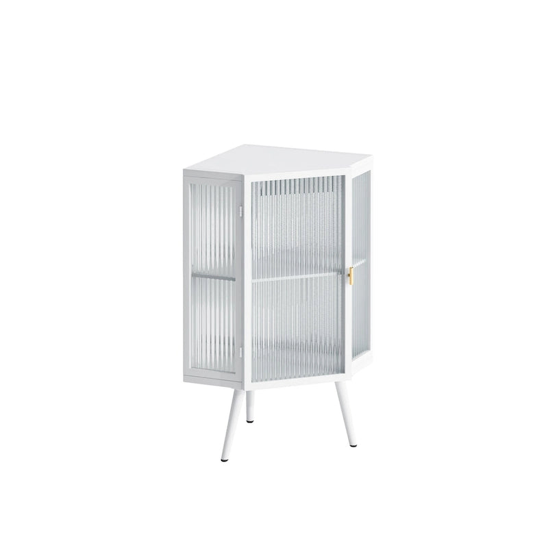 Meuble d'angle au sol, 3 niveaux avec portes en verre trempé et étagères de rangement