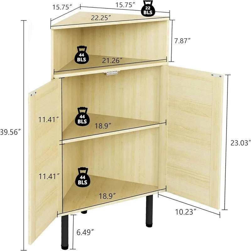 Meuble d'angle à 4 niveaux avec portes et étagères, bar autoportant en rotin - 56,5 cm (P) x 40 cm (L) x 100,5 cm (H)
