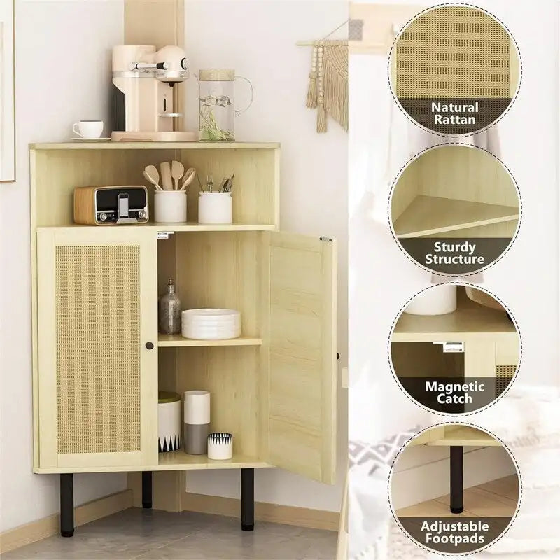 Meuble d'angle à 4 niveaux avec portes et étagères, bar autoportant en rotin - 56,5 cm (P) x 40 cm (L) x 100,5 cm (H)