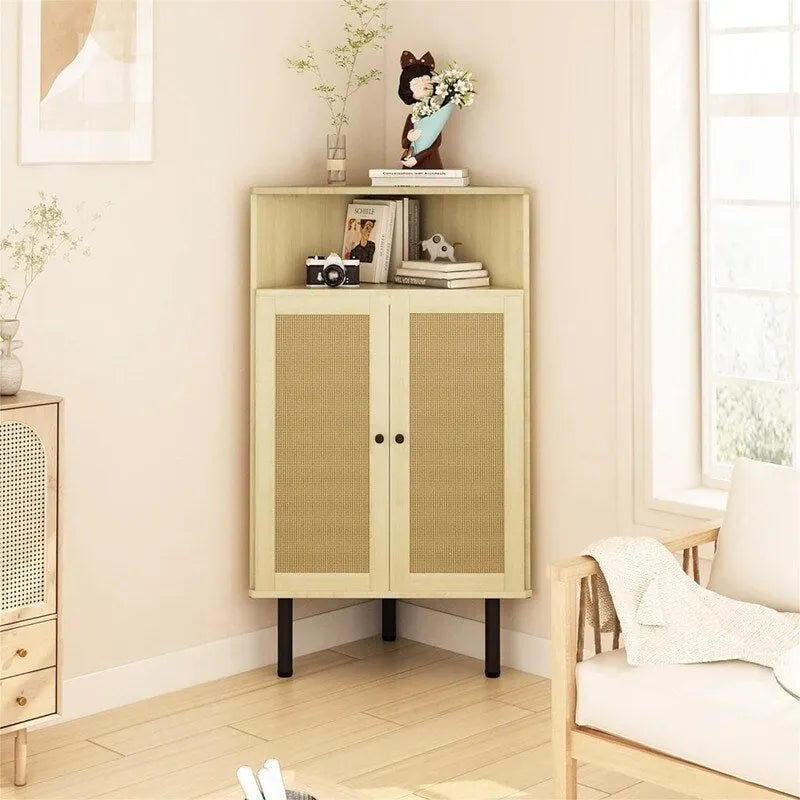 Meuble d'angle à 4 niveaux avec portes et étagères, bar autoportant en rotin - 56,5 cm (P) x 40 cm (L) x 100,5 cm (H)
