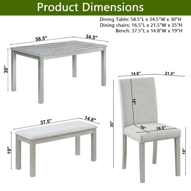 Table de salle à manger rectangulaire en bois avec banc et 4 chaises