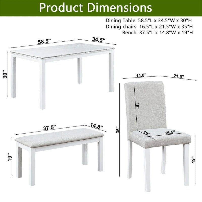 Table de salle à manger rectangulaire en bois avec banc et 4 chaises