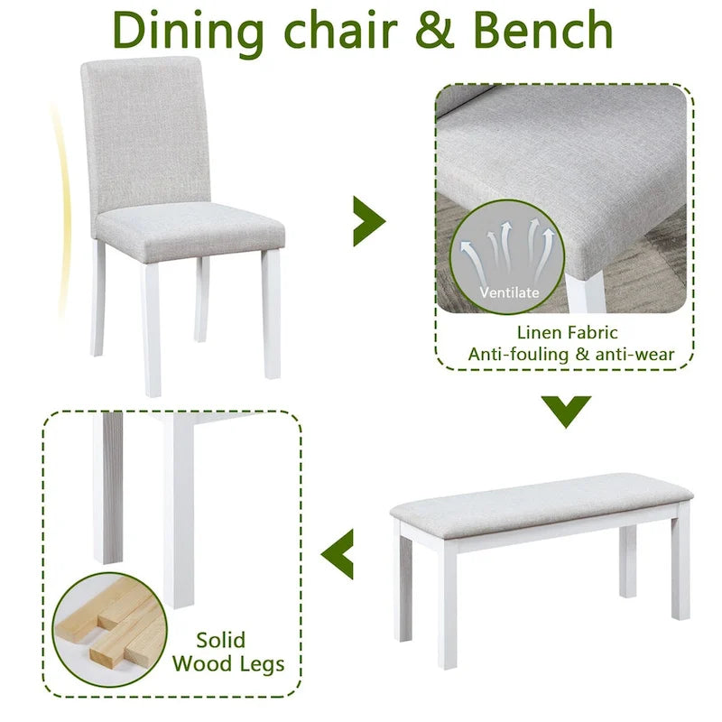 Table de salle à manger rectangulaire en bois avec banc et 4 chaises