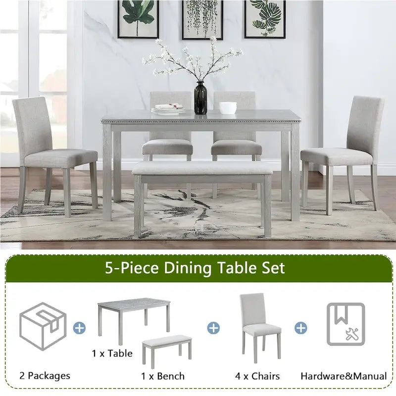 Table de salle à manger rectangulaire en bois avec banc et 4 chaises