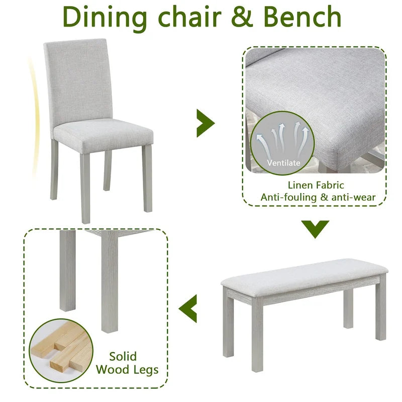 Table de salle à manger rectangulaire en bois avec banc et 4 chaises