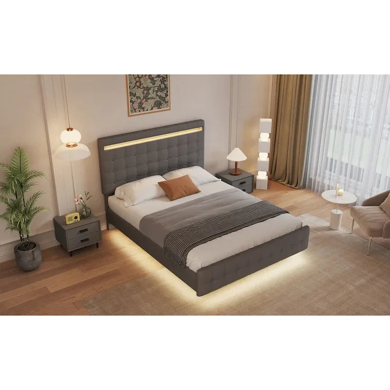 Cadre de lit flottant Queen Size avec lumières LED, tête et pied de lit rembourrés, sommier à lattes en bois, montage facile