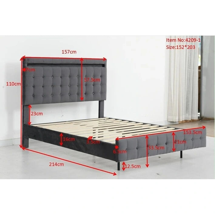 Cadre de lit flottant Queen Size avec lumières LED, tête et pied de lit rembourrés, sommier à lattes en bois, montage facile