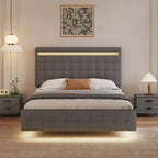 Cadre de lit flottant Queen Size avec lumières LED, tête et pied de lit rembourrés, sommier à lattes en bois, montage facile