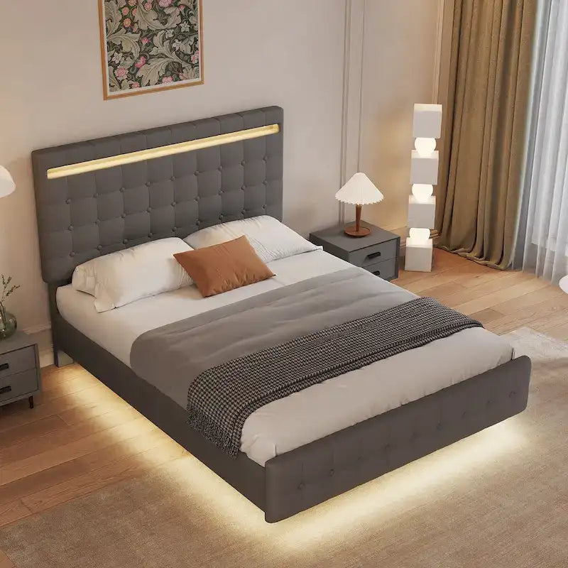 Cadre de lit flottant Queen Size avec lumières LED, tête et pied de lit rembourrés, sommier à lattes en bois, montage facile