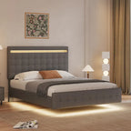 Cadre de lit flottant Queen Size avec lumières LED, tête et pied de lit rembourrés, sommier à lattes en bois, montage facile