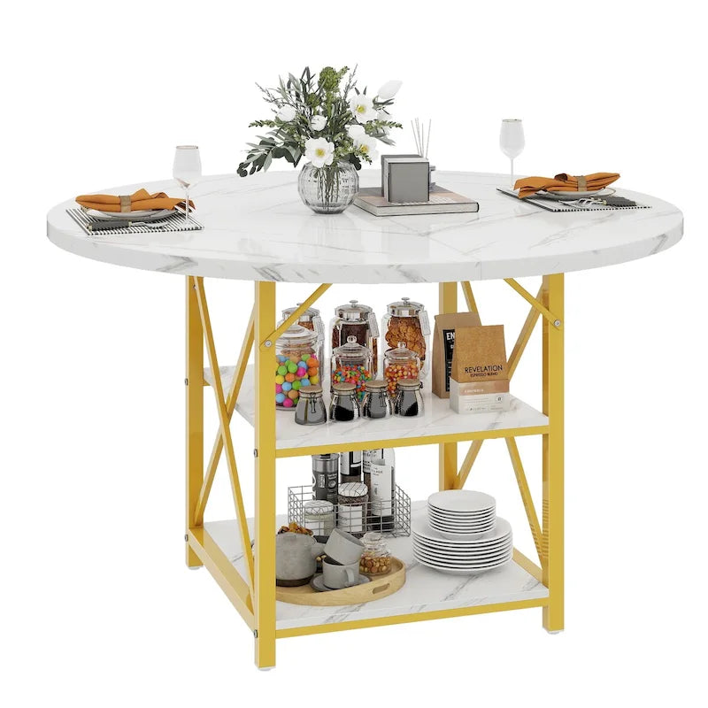 Table de salle à manger ronde Moasis avec étagères de rangement et pieds en métal, pour 4 à 6 personnes, idéale pour le salon ou la salle à manger.