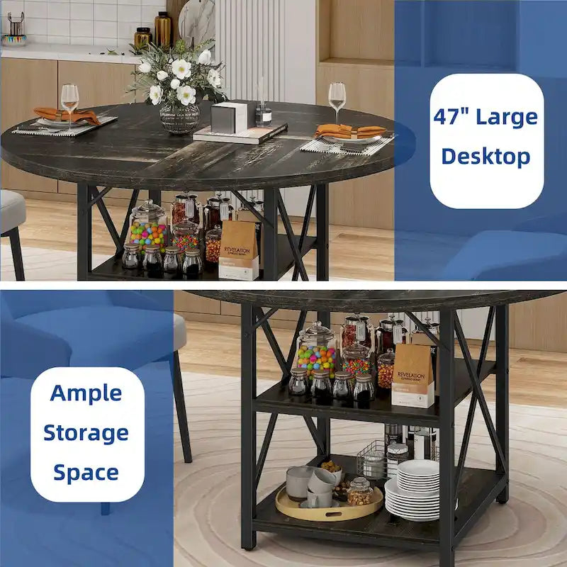 Table de salle à manger ronde Moasis avec étagères de rangement et pieds en métal, pour 4 à 6 personnes, idéale pour le salon ou la salle à manger.
