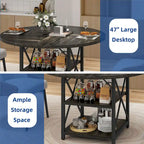 Table de salle à manger ronde Moasis avec étagères de rangement et pieds en métal, pour 4 à 6 personnes, idéale pour le salon ou la salle à manger.