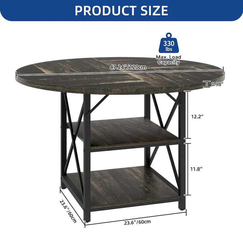 Table de salle à manger ronde Moasis avec étagères de rangement et pieds en métal, pour 4 à 6 personnes, idéale pour le salon ou la salle à manger.