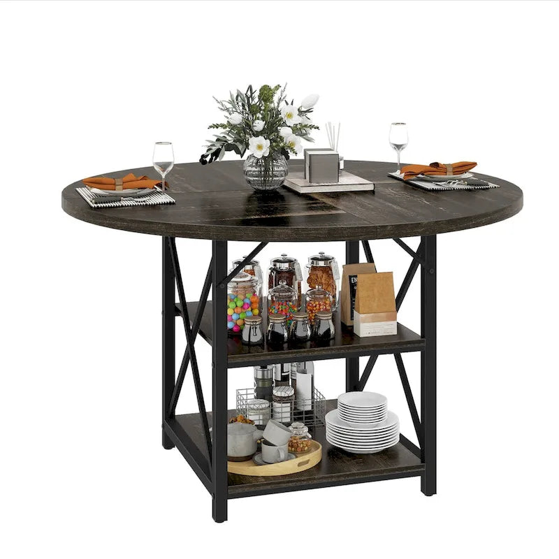 Table de salle à manger ronde Moasis avec étagères de rangement et pieds en métal, pour 4 à 6 personnes, idéale pour le salon ou la salle à manger.