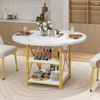 Table de salle à manger ronde Moasis avec étagères de rangement et pieds en métal, pour 4 à 6 personnes, idéale pour le salon ou la salle à manger.