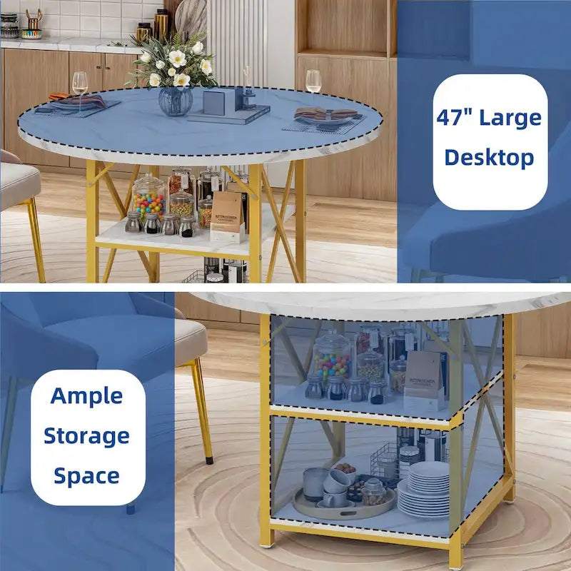 Table de salle à manger ronde Moasis avec étagères de rangement et pieds en métal, pour 4 à 6 personnes, idéale pour le salon ou la salle à manger.