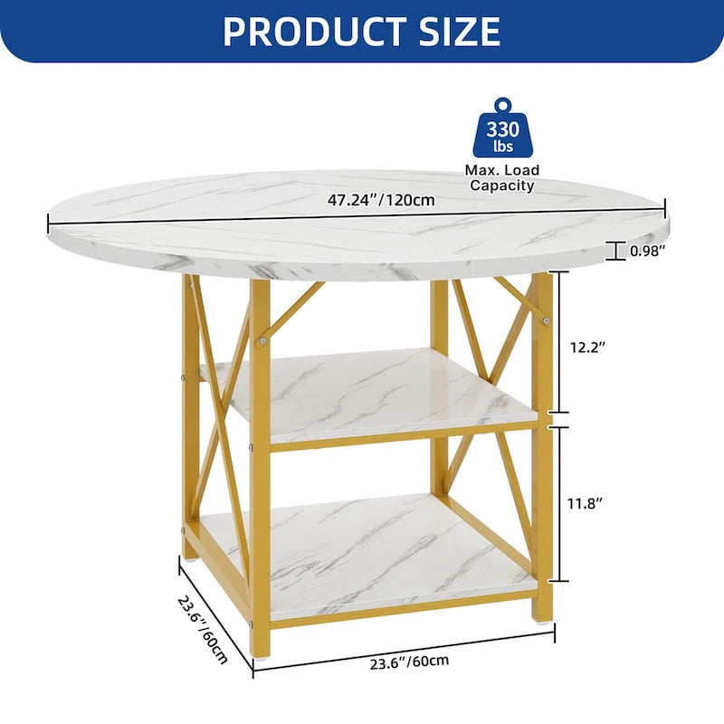 Table de salle à manger ronde Moasis avec étagères de rangement et pieds en métal, pour 4 à 6 personnes, idéale pour le salon ou la salle à manger.