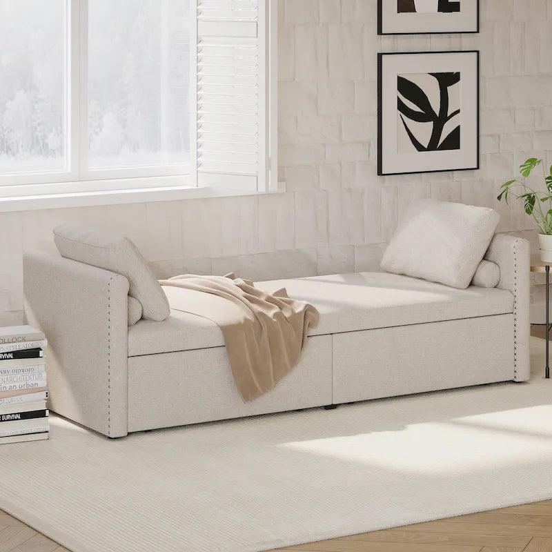 Lit de jour moderne avec méridienne, petit lit de jour simple avec 2 tiroirs, sans matelas, idéal pour le salon et le bureau à domicile.