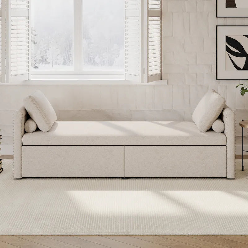 Lit de jour moderne avec méridienne, petit lit de jour simple avec 2 tiroirs, sans matelas, idéal pour le salon et le bureau à domicile.