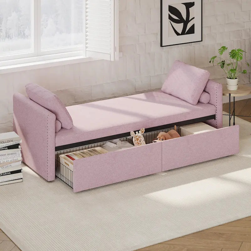 Lit de jour moderne avec méridienne, petit lit de jour simple avec 2 tiroirs, sans matelas, idéal pour le salon et le bureau à domicile.