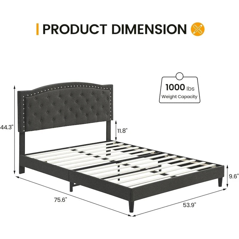 Cadre de lit plateforme rembourré avec tête de lit capitonnée à boutons réglables et garniture cloutée