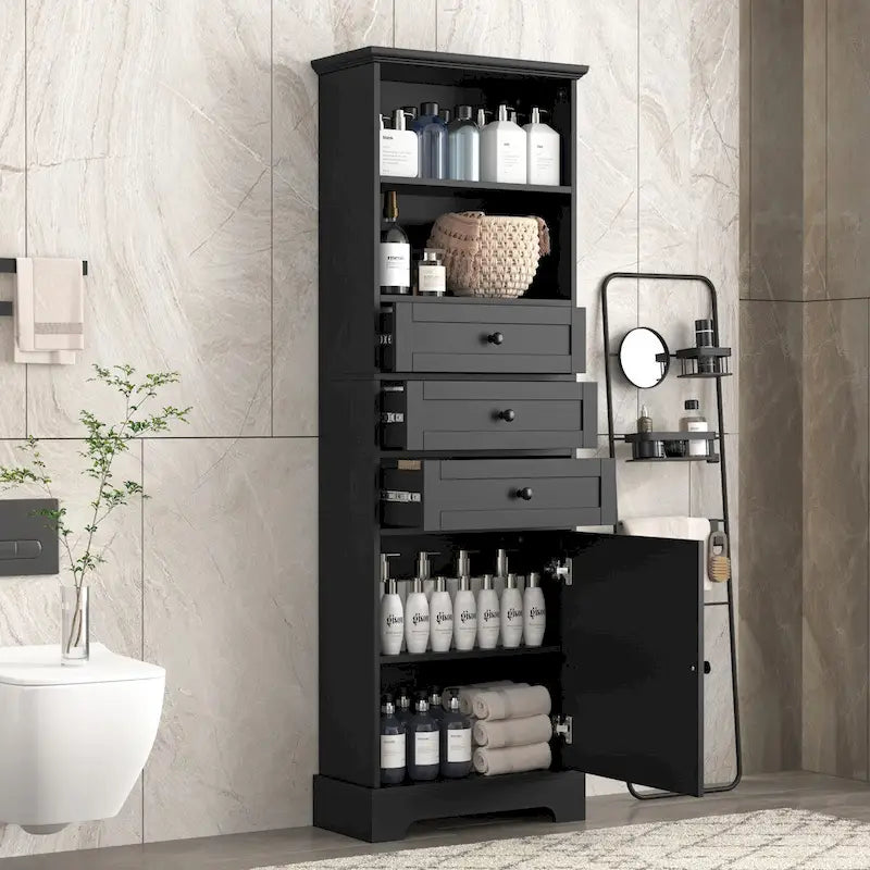 Armoire de rangement haute noire avec 3 tiroirs et étagères réglables pour salle de bain, bureau, pièce d'étude et intérieur