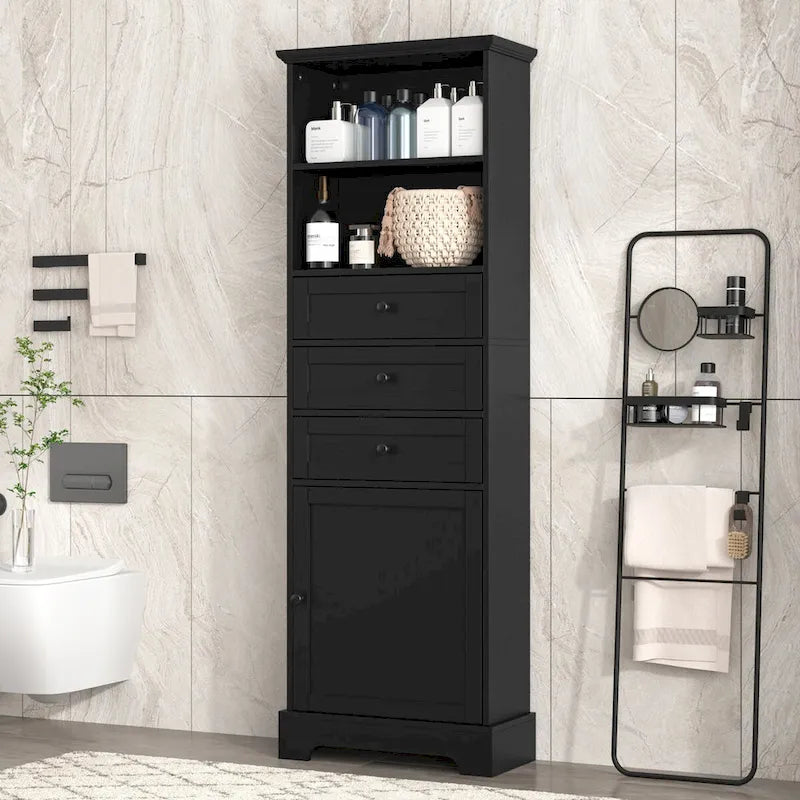 Armoire de rangement haute noire avec 3 tiroirs et étagères réglables pour salle de bain, bureau, pièce d'étude et intérieur