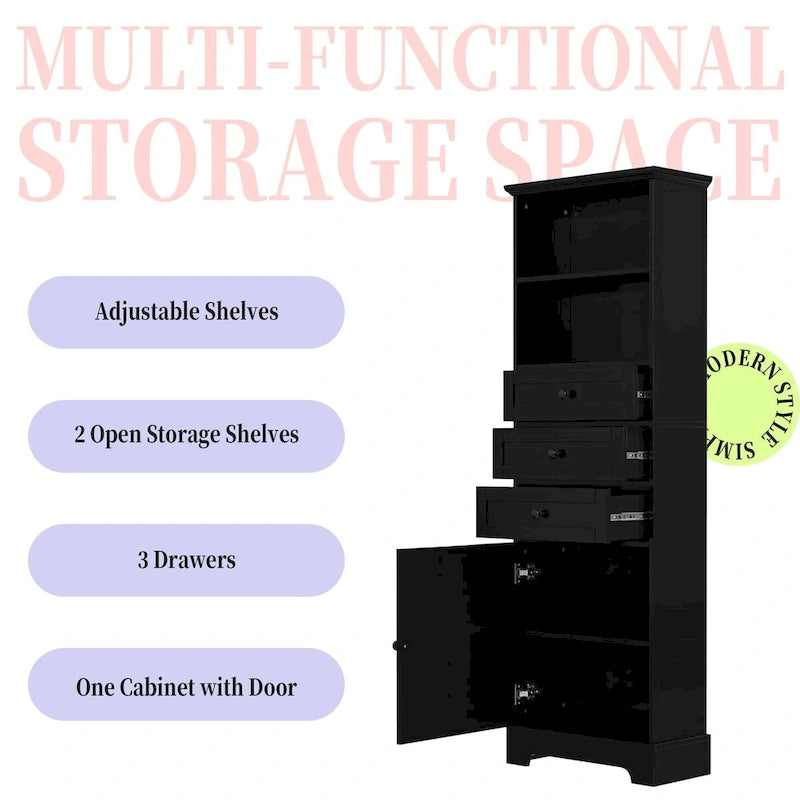 Armoire de rangement haute noire avec 3 tiroirs et étagères réglables pour salle de bain, bureau, pièce d'étude et intérieur