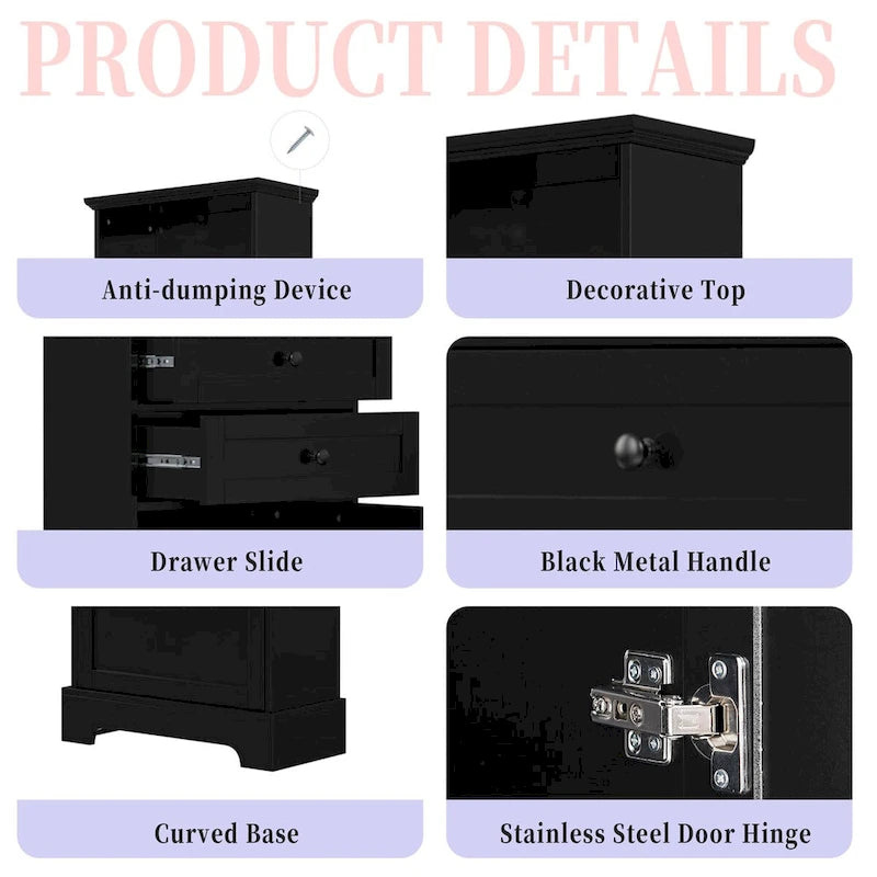 Armoire de rangement haute noire avec 3 tiroirs et étagères réglables pour salle de bain, bureau, pièce d'étude et intérieur
