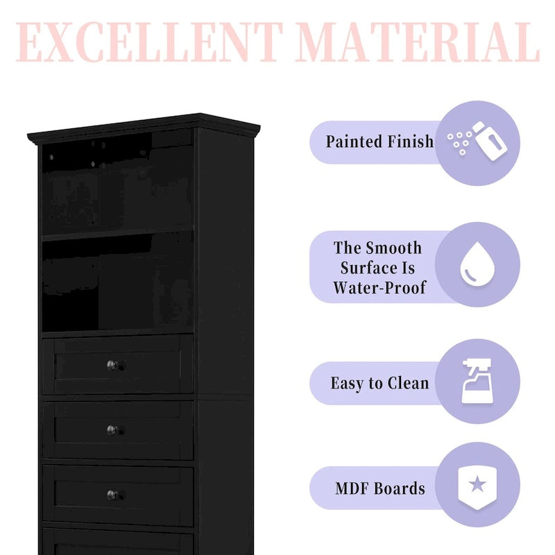 Armoire de rangement haute noire avec 3 tiroirs et étagères réglables pour salle de bain, bureau, pièce d'étude et intérieur