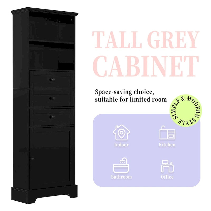 Armoire de rangement haute noire avec 3 tiroirs et étagères réglables pour salle de bain, bureau, pièce d'étude et intérieur