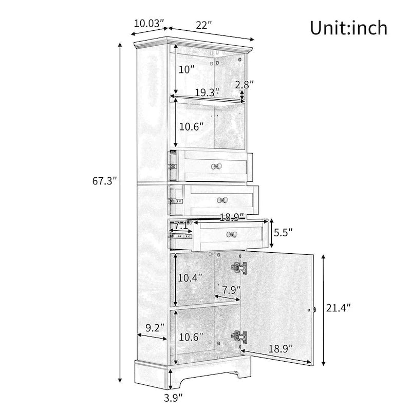 Armoire de rangement haute noire avec 3 tiroirs et étagères réglables pour salle de bain, bureau, pièce d'étude et intérieur
