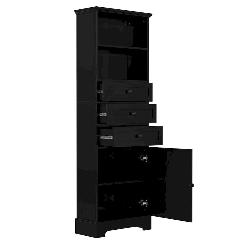 Armoire de rangement haute noire avec 3 tiroirs et étagères réglables pour salle de bain, bureau, pièce d'étude et intérieur