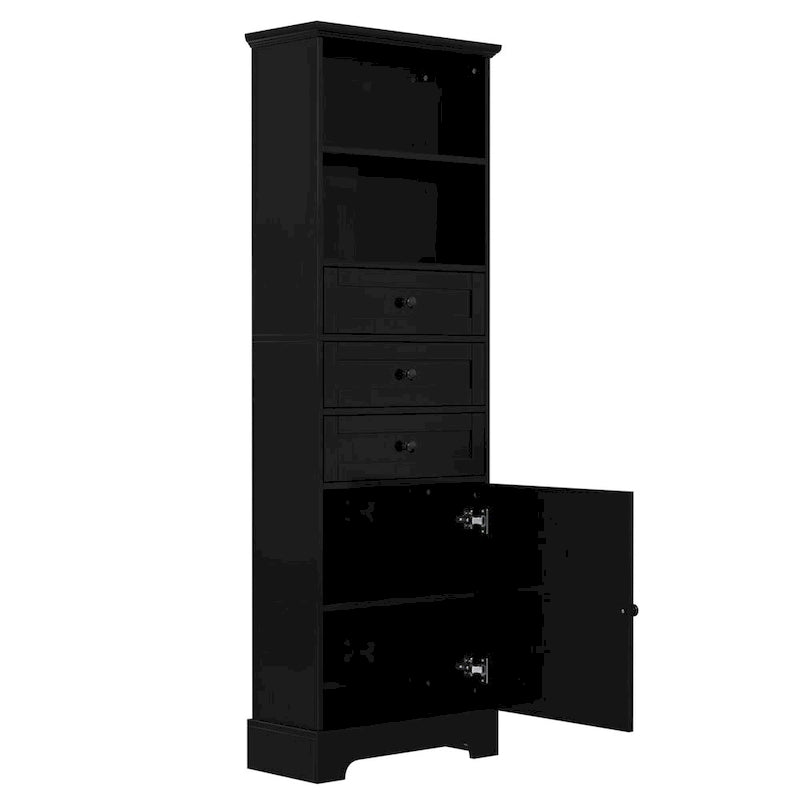 Armoire de rangement haute noire avec 3 tiroirs et étagères réglables pour salle de bain, bureau, pièce d'étude et intérieur