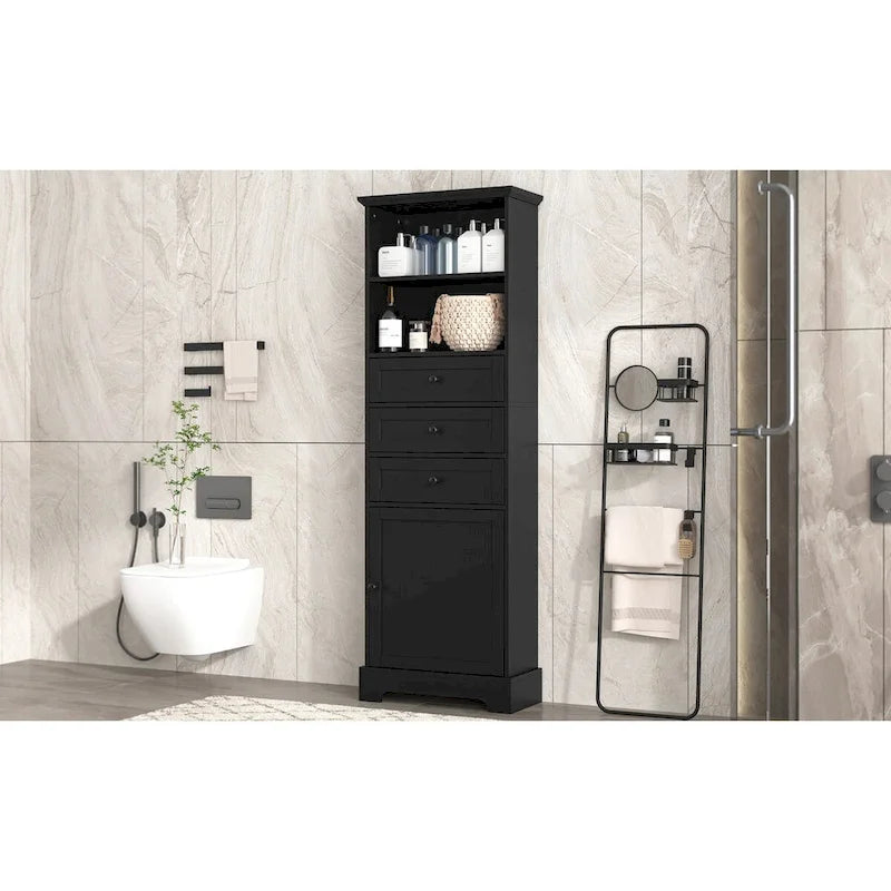 Armoire de rangement haute noire avec 3 tiroirs et étagères réglables pour salle de bain, bureau, pièce d'étude et intérieur