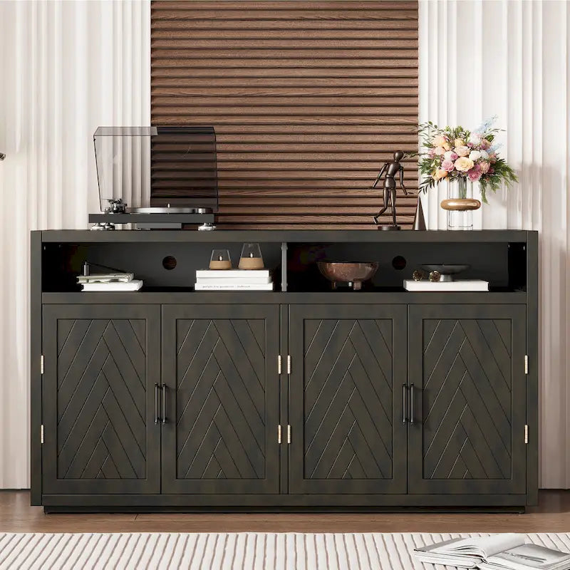 Buffet classique à 4 portes avec rangement ouvert et étagères réglables