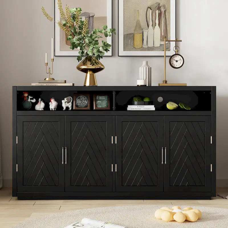 Buffet classique à 4 portes avec rangement ouvert et étagères réglables