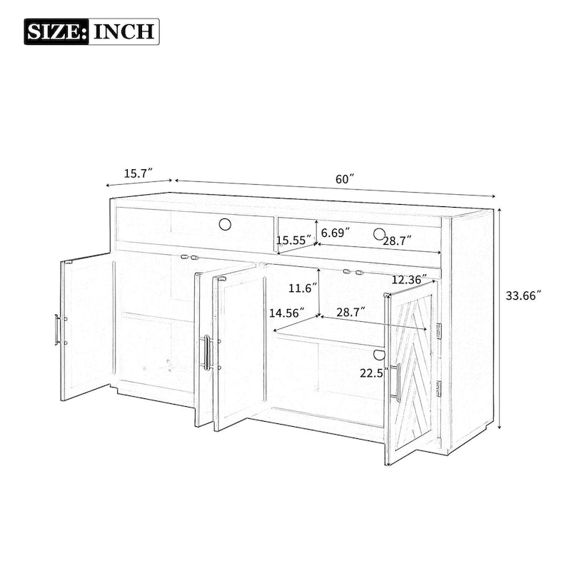 Buffet classique à 4 portes avec rangement ouvert et étagères réglables