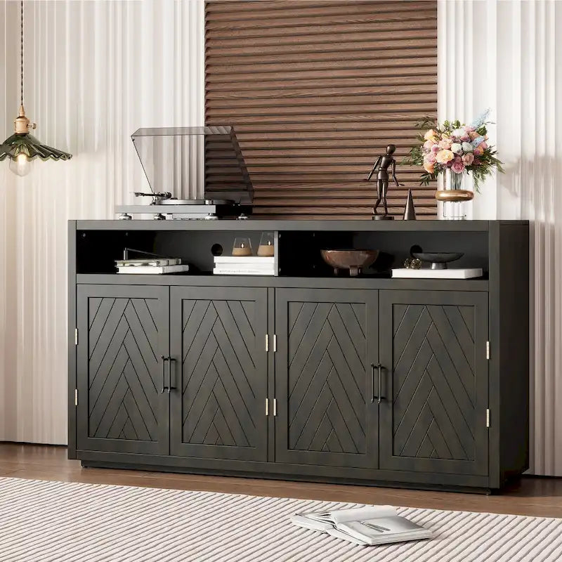 Buffet classique à 4 portes avec rangement ouvert et étagères réglables