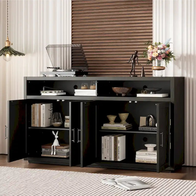 Buffet classique à 4 portes avec rangement ouvert et étagères réglables