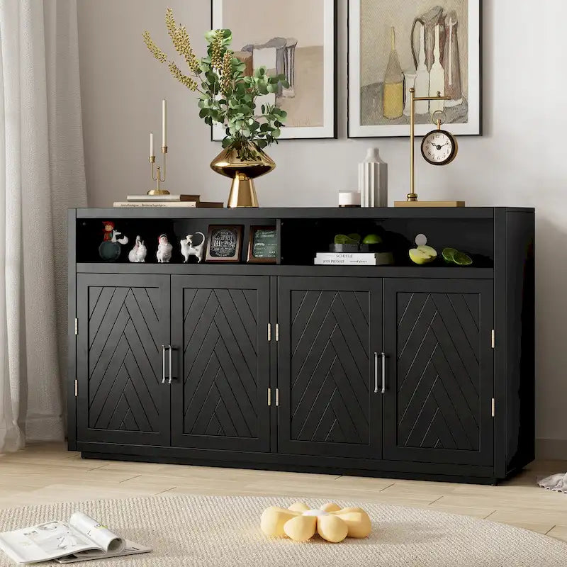 Buffet classique à 4 portes avec rangement ouvert et étagères réglables