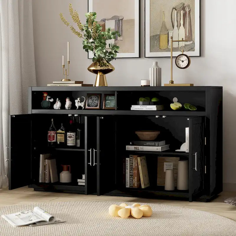 Buffet classique à 4 portes avec rangement ouvert et étagères réglables