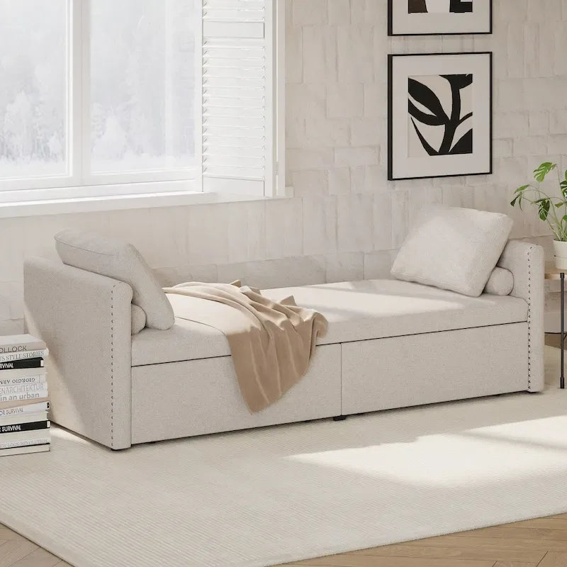 Lit de jour moderne capitonné avec 2 tiroirs, sans matelas nécessaire