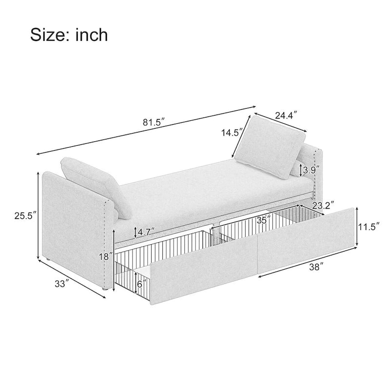 Lit de jour moderne capitonné avec 2 tiroirs, sans matelas nécessaire