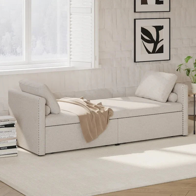 Lit de jour moderne capitonné avec 2 tiroirs, sans matelas nécessaire