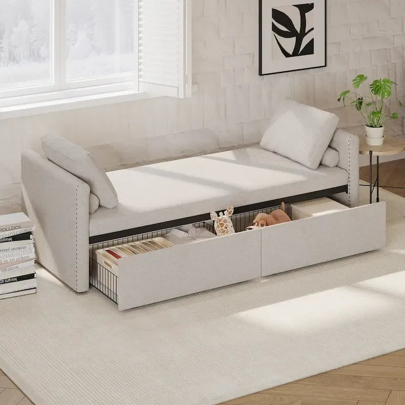 Lit de jour moderne capitonné avec 2 tiroirs, sans matelas nécessaire
